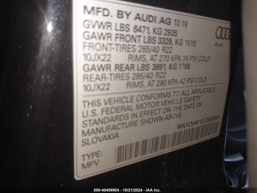 VIN WA1CVAF12LD008581 2020 AUDI Q8 PRESTIGE 55 TFSI QUATTRO TIPTRONIC