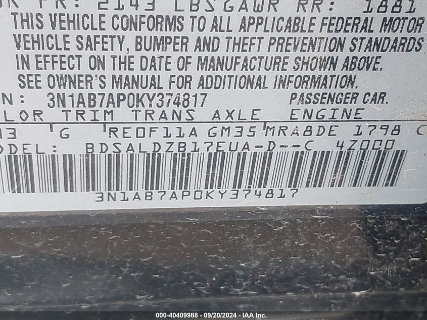 3N1AB7AP0KY374817 2019 Nissan Sentra Sv