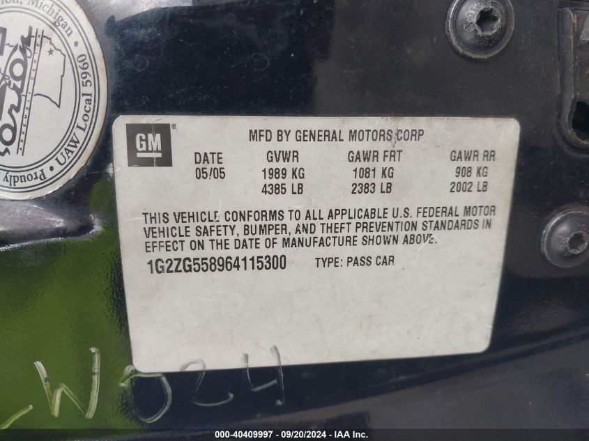 2006 Pontiac G6 VIN: 1G2ZG558964115300 Lot: 40409997