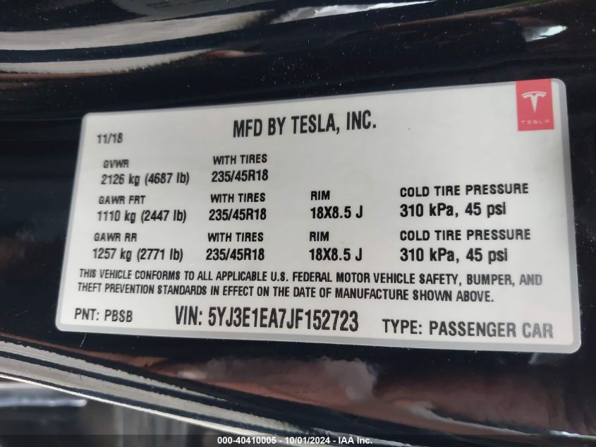 5YJ3E1EA7JF152723 2018 Tesla Model 3 Long Range/Mid Range