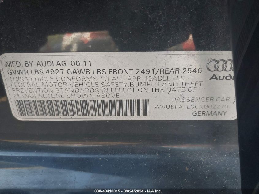 2012 Audi A4 Premium VIN: WAUBFAFL0CN002270 Lot: 40410015