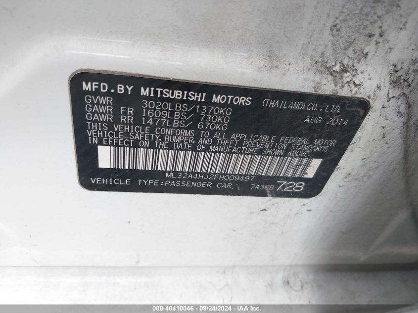 2015 Mitsubishi Mirage Es VIN: ML32A4HJ2FH009497 Lot: 40410046