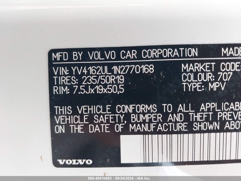 YV4162UL1N2770168 2022 Volvo Xc40 T5 Inscription