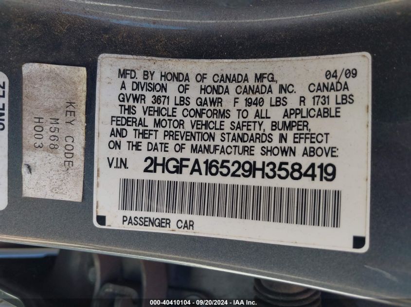 2HGFA16529H358419 2009 Honda Civic Lx