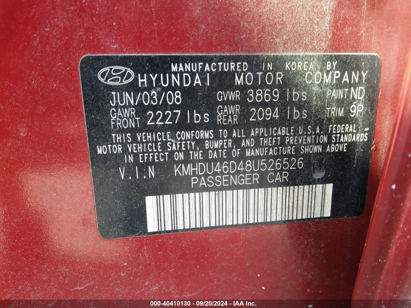 2008 Hyundai Elantra Gls/Se VIN: KMHDU46D48U526526 Lot: 40410130