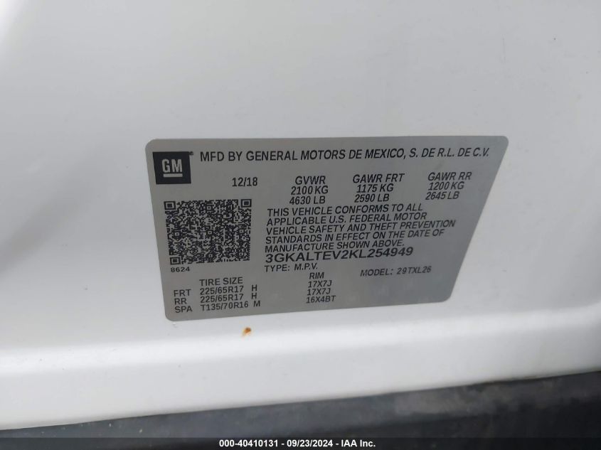 2019 GMC Terrain Sle VIN: 3GKALTEV2KL254949 Lot: 40410131