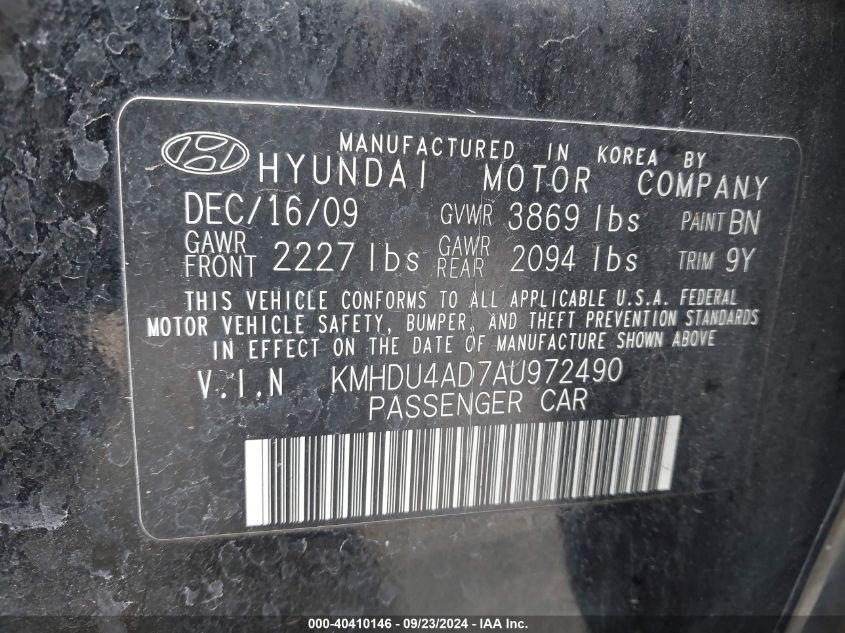 2010 Hyundai Elantra Gls VIN: KMHDU4AD7AU972490 Lot: 40410146