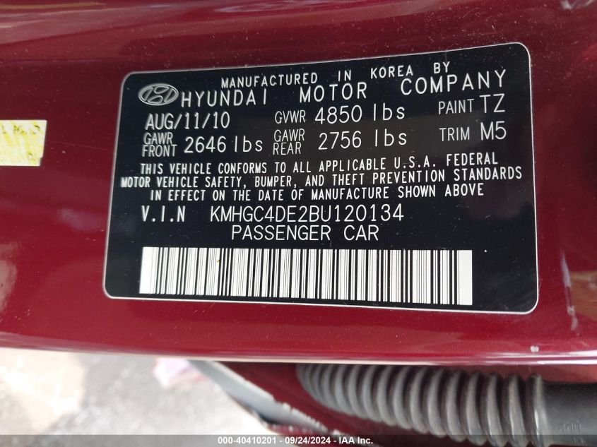 2011 Hyundai Genesis 3.8 VIN: KMHGC4DE2BU120134 Lot: 40410201