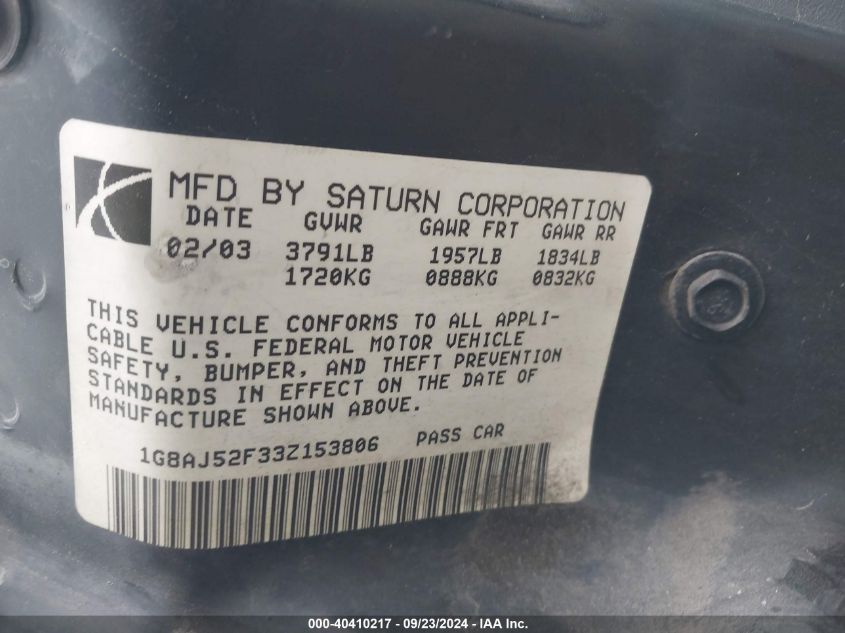 2003 Saturn Ion Level 2 VIN: 1G8AJ52F33Z153806 Lot: 40410217