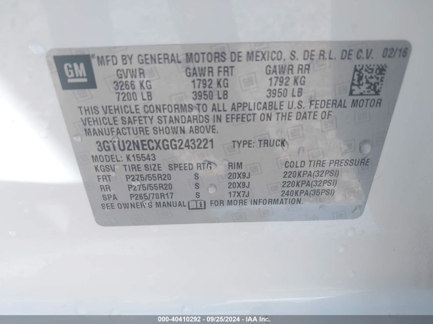 3GTU2NECXGG243221 2016 GMC Sierra 1500 Slt