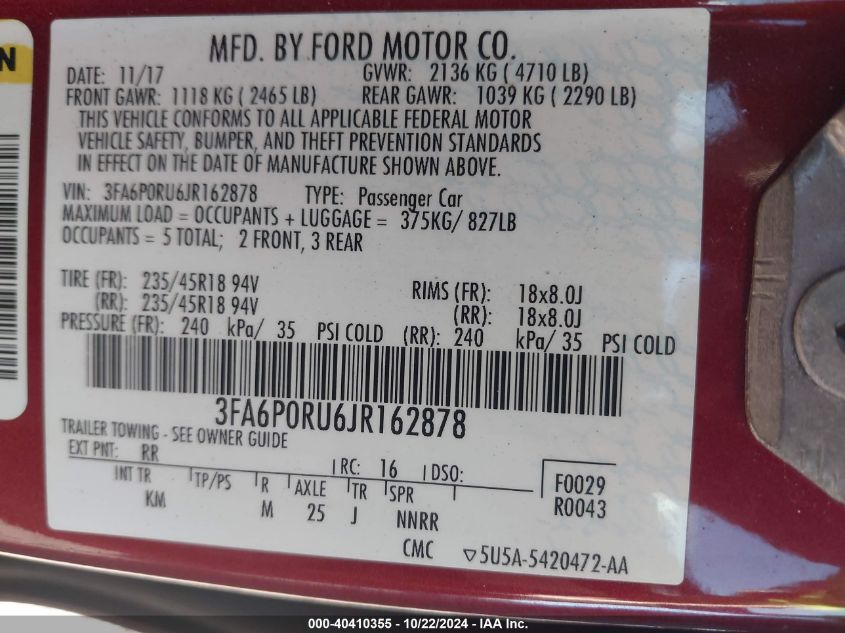 VIN 3FA6P0RU6JR162878 2018 FORD FUSION HYBRID no.9