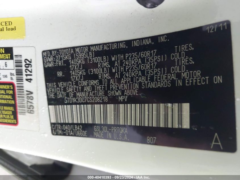 5TDYK3DC7CS208218 2012 Toyota Sienna Xle V6 8 Passenger