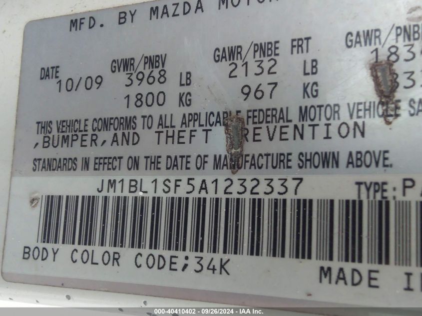 JM1BL1SF5A1232337 2010 Mazda Mazda3 I