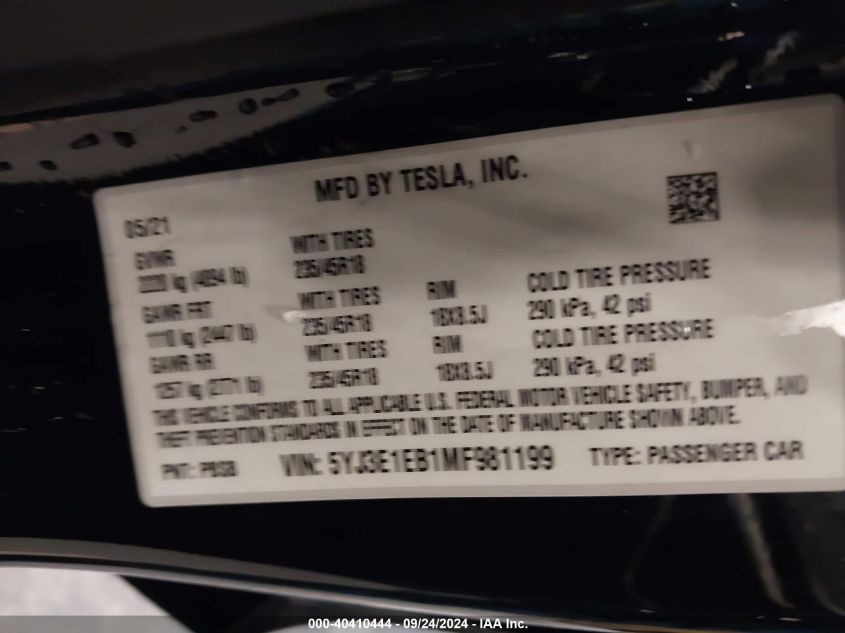 2021 Tesla Model 3 Long Range Dual Motor All-Wheel Drive VIN: 5YJ3E1EB1MF981199 Lot: 40410444