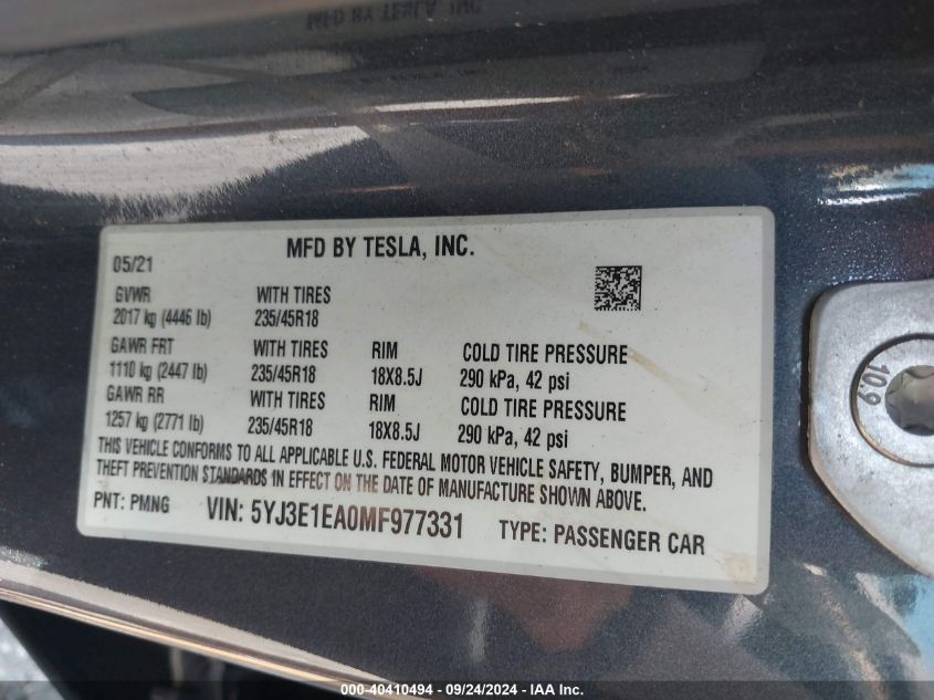 2021 Tesla Model 3 VIN: 5YJ3E1EA0MF977331 Lot: 40410494