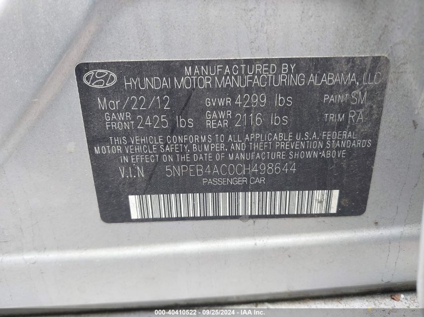 5NPEB4AC0CH498644 2012 Hyundai Sonata Gls