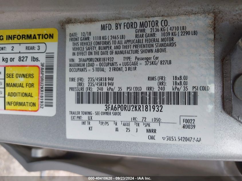 VIN 3FA6P0RU2KR181932 2019 FORD FUSION HYBRID no.9