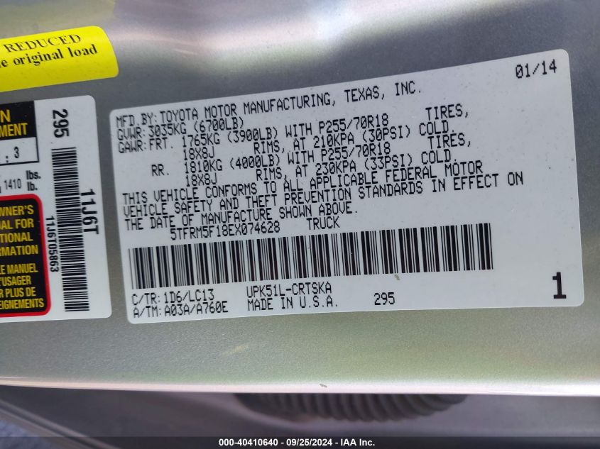 5TFRM5F18EX074628 2014 Toyota Tundra Sr 4.6L V8