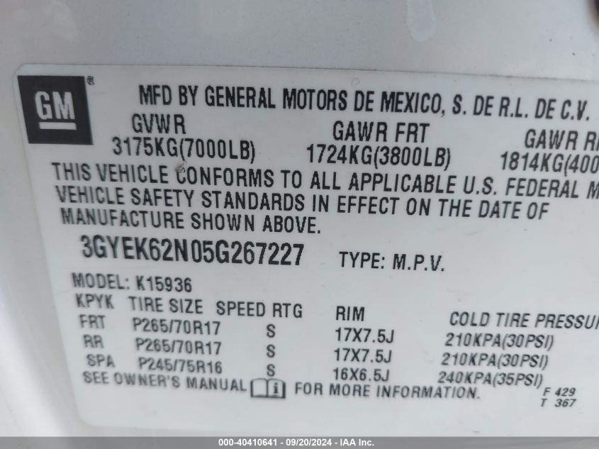 2005 Cadillac Escalade Ext Standard VIN: 3GYEK62N05G267227 Lot: 40410641