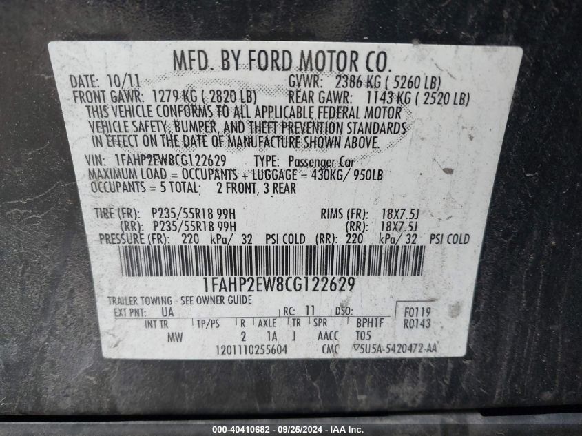 2012 Ford Taurus Sel VIN: 1FAHP2EW8CG122629 Lot: 40410682