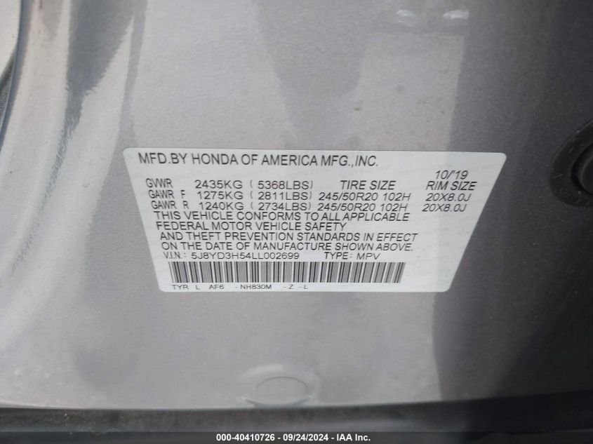 2020 Acura Mdx Technology VIN: 5J8YD3H54LL002699 Lot: 40410726