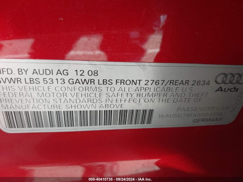 WAUSG74FX9N030387 2009 Audi A6 3.0 Premium