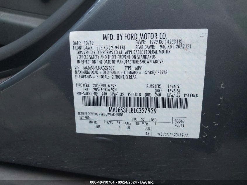 2020 Ford Ecosport S VIN: MAJ6S3FL8LC327939 Lot: 40410764