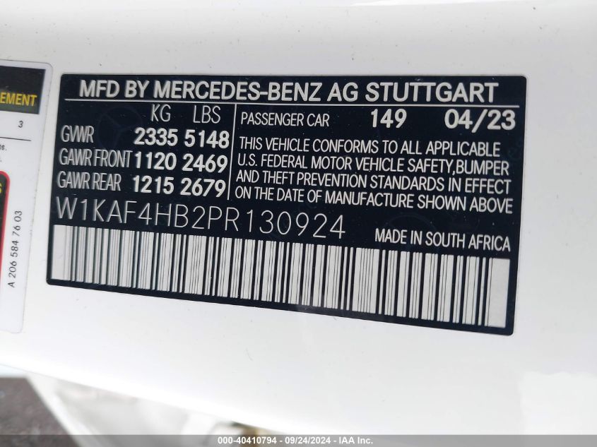 2023 Mercedes-Benz C 300 300 4Matic VIN: W1KAF4HB2PR130924 Lot: 40410794