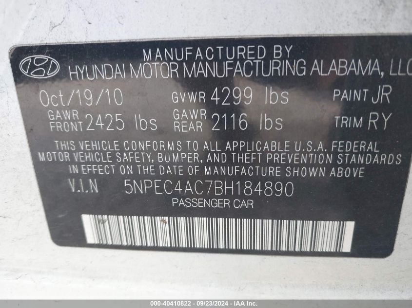 5NPEC4AC7BH184890 2011 Hyundai Sonata Limited