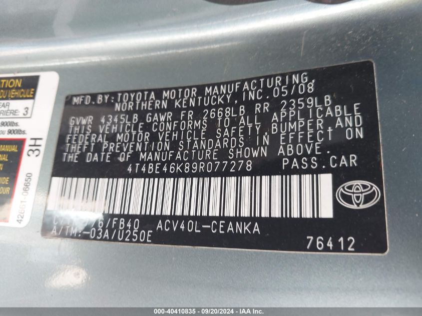 2009 Toyota Camry Le VIN: 4T4BE46K89R077278 Lot: 40410835