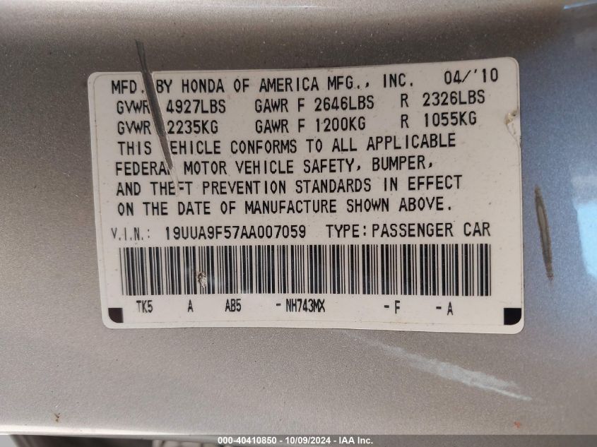 19UUA9F57AA007059 2010 Acura Tl