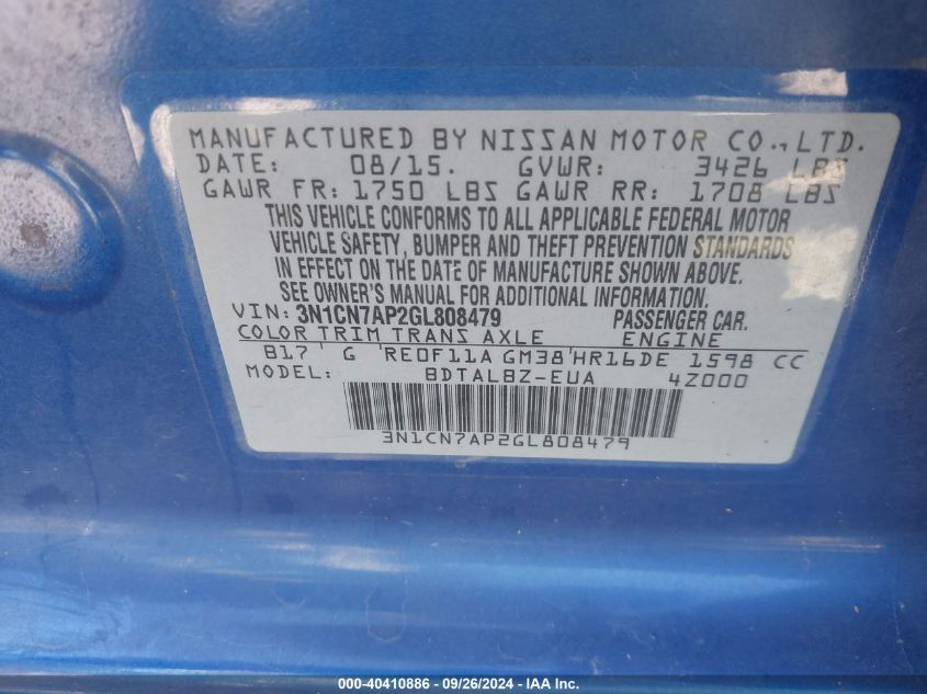 3N1CN7AP2GL808479 2016 Nissan Versa S/S Plus/Sv/Sl