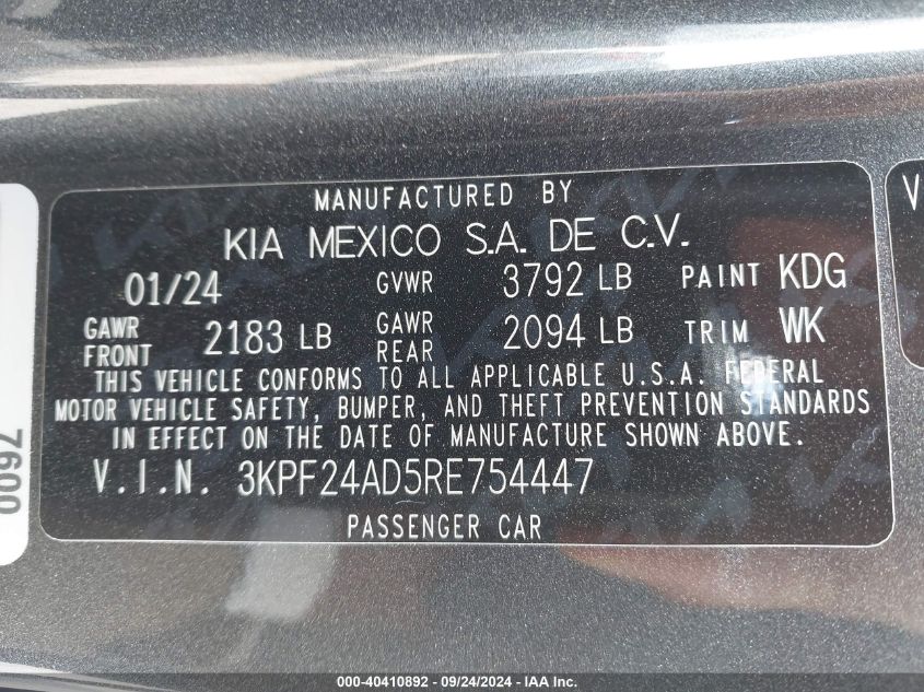 2024 Kia Forte Lx/Lxs VIN: 3KPF24AD5RE754447 Lot: 40410892