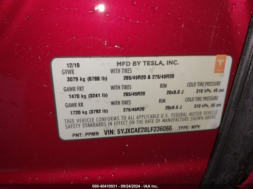 5YJXCAE28LF236066 2020 Tesla Model X