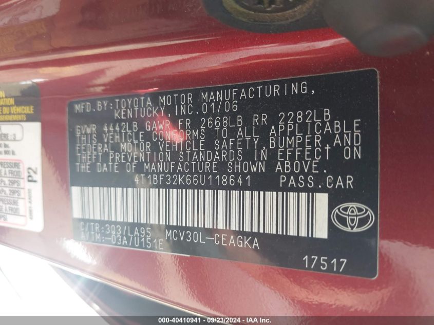 4T1BF32K66U118641 2006 Toyota Camry Le/Xle/Se