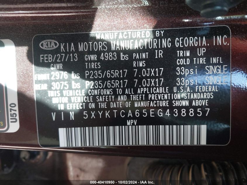 VIN 5XYKTCA65EG438857 2014 KIA Sorento, LX no.9