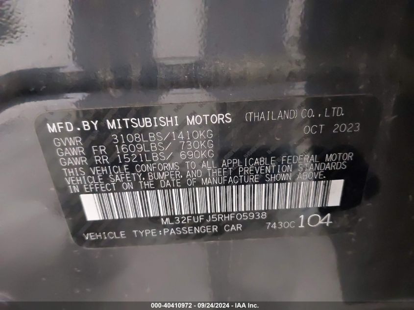 2024 Mitsubishi Mirage G4 Es VIN: ML32FUFJ5RHF05938 Lot: 40410972