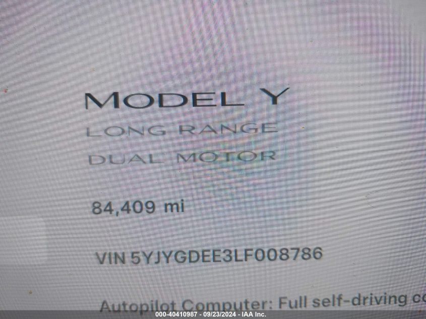 2020 Tesla Model Y Long Range Dual Motor All-Wheel Drive VIN: 5YJYGDEE3LF008786 Lot: 40410987