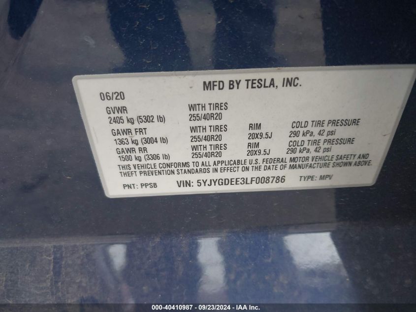 2020 Tesla Model Y Long Range Dual Motor All-Wheel Drive VIN: 5YJYGDEE3LF008786 Lot: 40410987