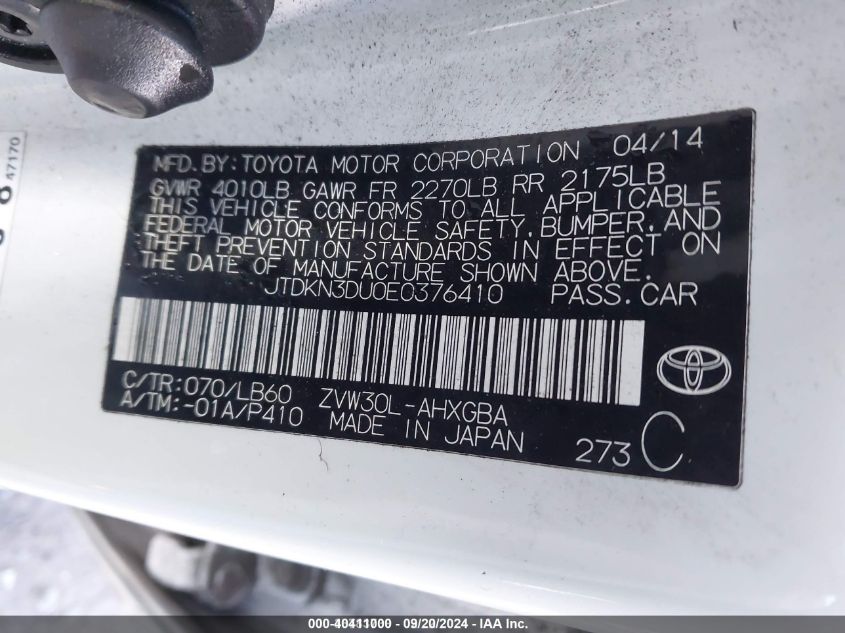 2014 Toyota Prius Four VIN: JTDKN3DU0E0376410 Lot: 40411000