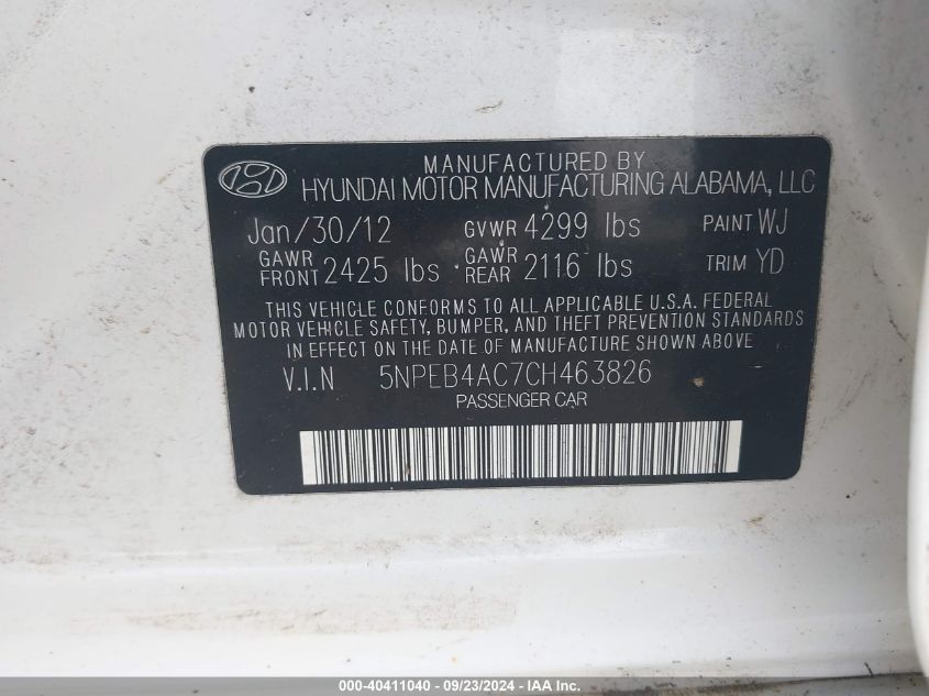 5NPEB4AC7CH463826 2012 Hyundai Sonata Gls