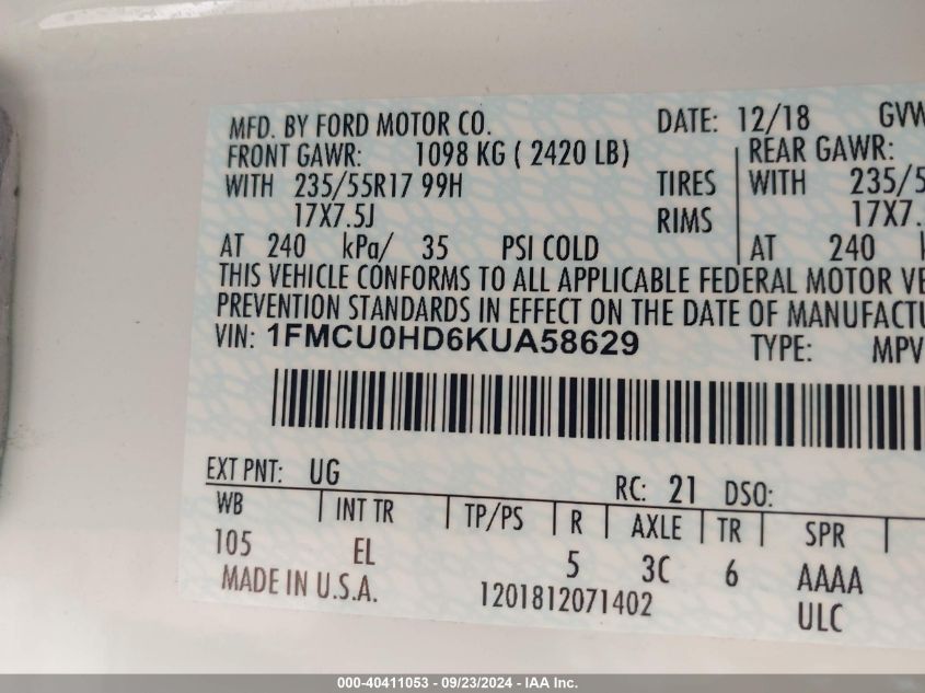 1FMCU0HD6KUA58629 2019 Ford Escape Sel