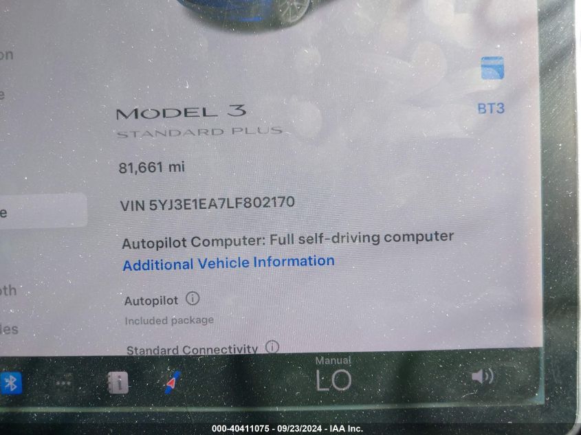 2020 Tesla Model 3 Standard Range Plus Rear-Wheel Drive/Standard Range Rear-Wheel Drive VIN: 5YJ3E1EA7LF802170 Lot: 40411075