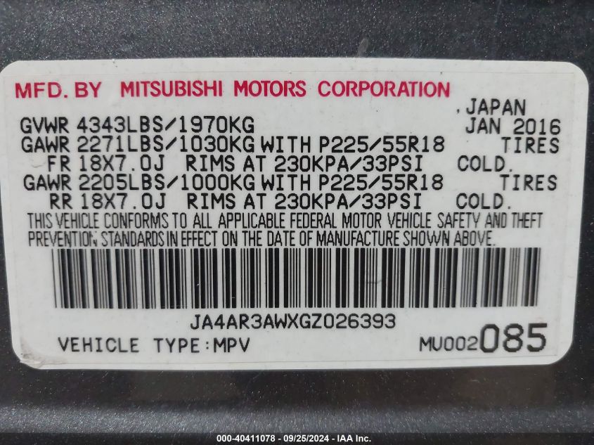 JA4AR3AWXGZ026393 2016 Mitsubishi Outlander Sport 2.4 Es