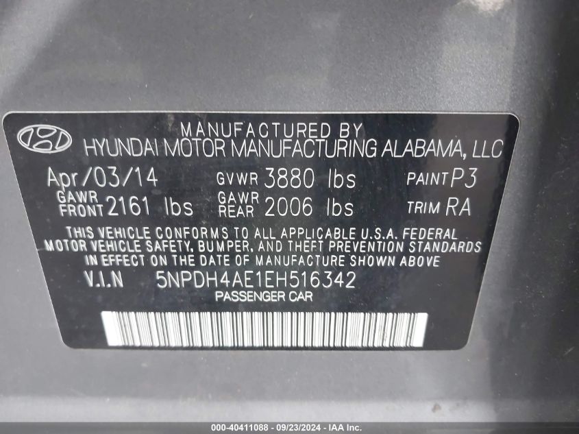 5NPDH4AE1EH516342 2014 Hyundai Elantra Se/Sport/Limited