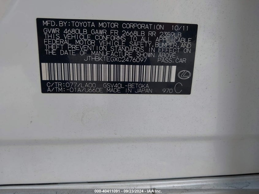 2012 Lexus Es 350 VIN: JTHBK1EGXC2476097 Lot: 40411091