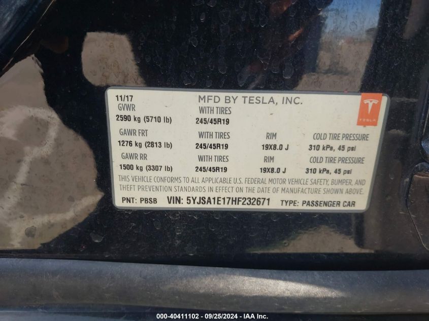 5YJSA1E17HF232671 2017 Tesla Model S 60/75