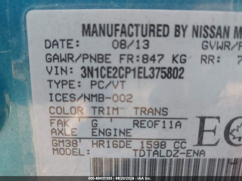 3N1CE2CP1EL375802 2014 Nissan Versa Note S (Sr)/S Plus/Sv