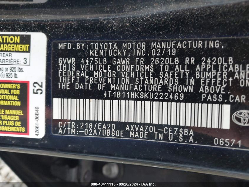 4T1B11HK8KU222469 2019 Toyota Camry L/Le/Xle/Se/Xse