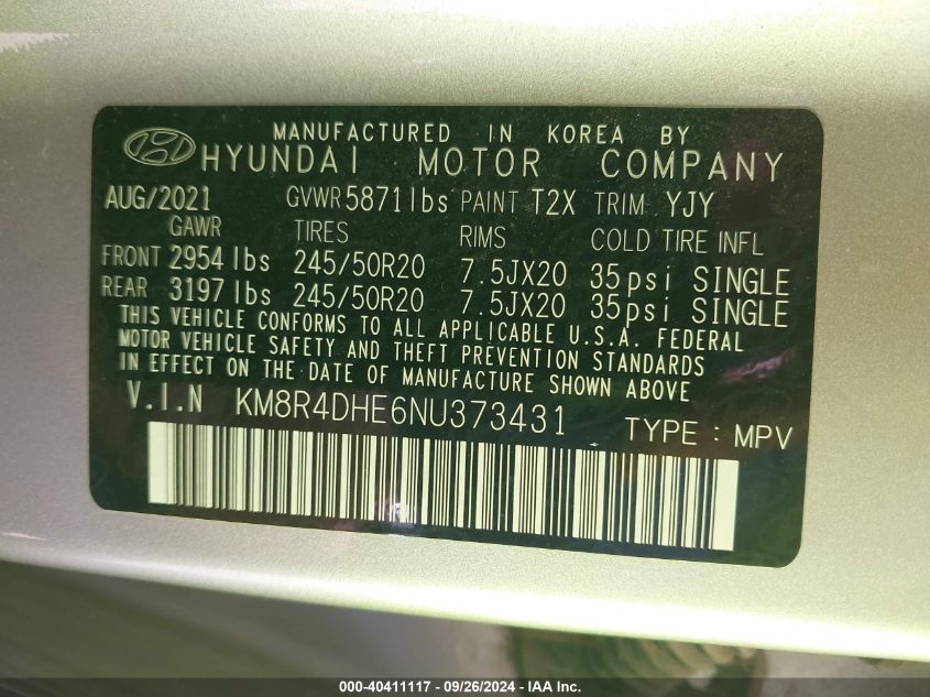 2022 Hyundai Palisade Sel VIN: KM8R4DHE6NU373431 Lot: 40411117